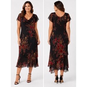 Majick Floral Midi Dress Medium Brown Beaded Cowl Neck Sheer Layered Y2K Goth